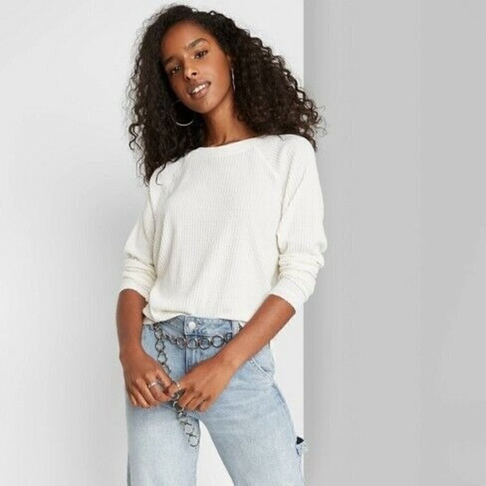 Wild Fable White Crewneck Thermal Knit Long Sleeve‎ T-Shirt M